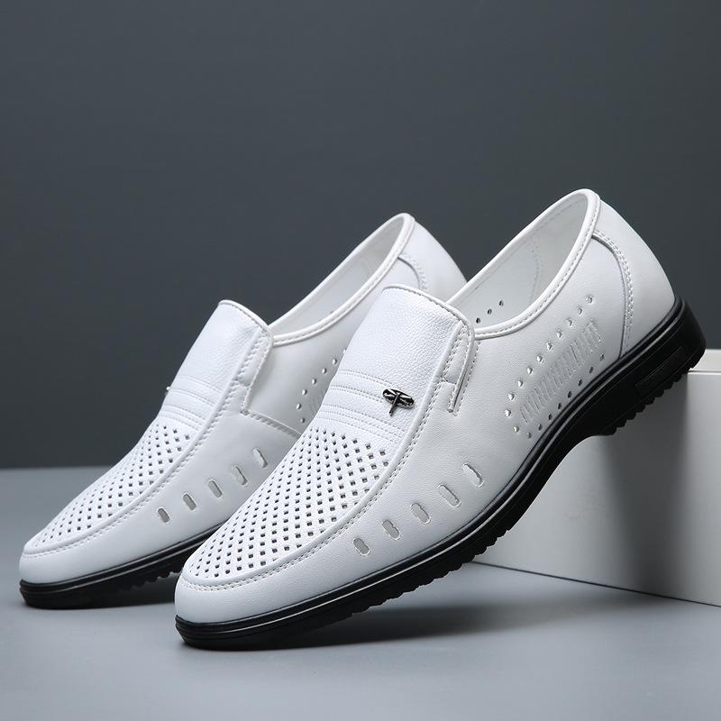 Men's White Leather Sandals Men's New High-end Leather Shoes Summer 40 To 50 Years Old Hollow Punched Hole Dad Shoes