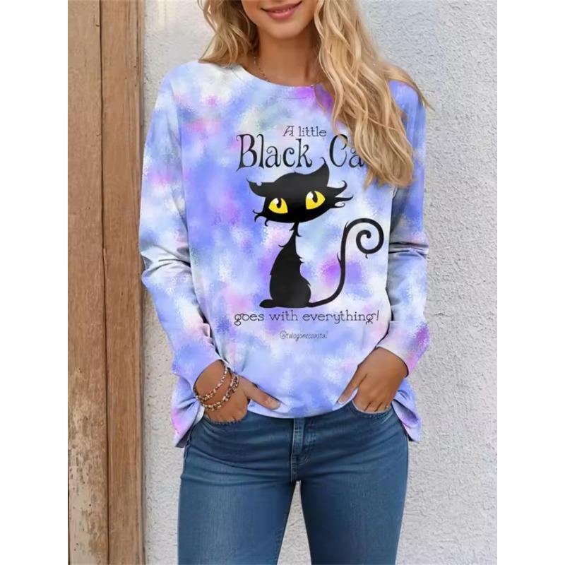 Women's T Shirt 3D Print Cat Butterfly Colorful Design Long Sleeve Daily Weekend Fashion Round Neck Regular Fit