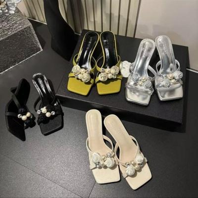 Модные женские сандалии на высоком каблуке с цветком, шлепанцы, расшитые бисером, с квадратным носком, летнее платье 2025, сексуальные элегантные туфли-лодочки с открытым носком, слайды, сандалии