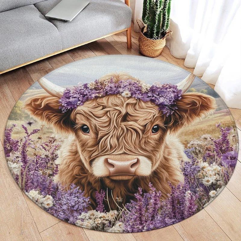 Flower Wreath Highland Cow Round Rug Floor Mat Door Mat Entrance Mat for Home Decoration