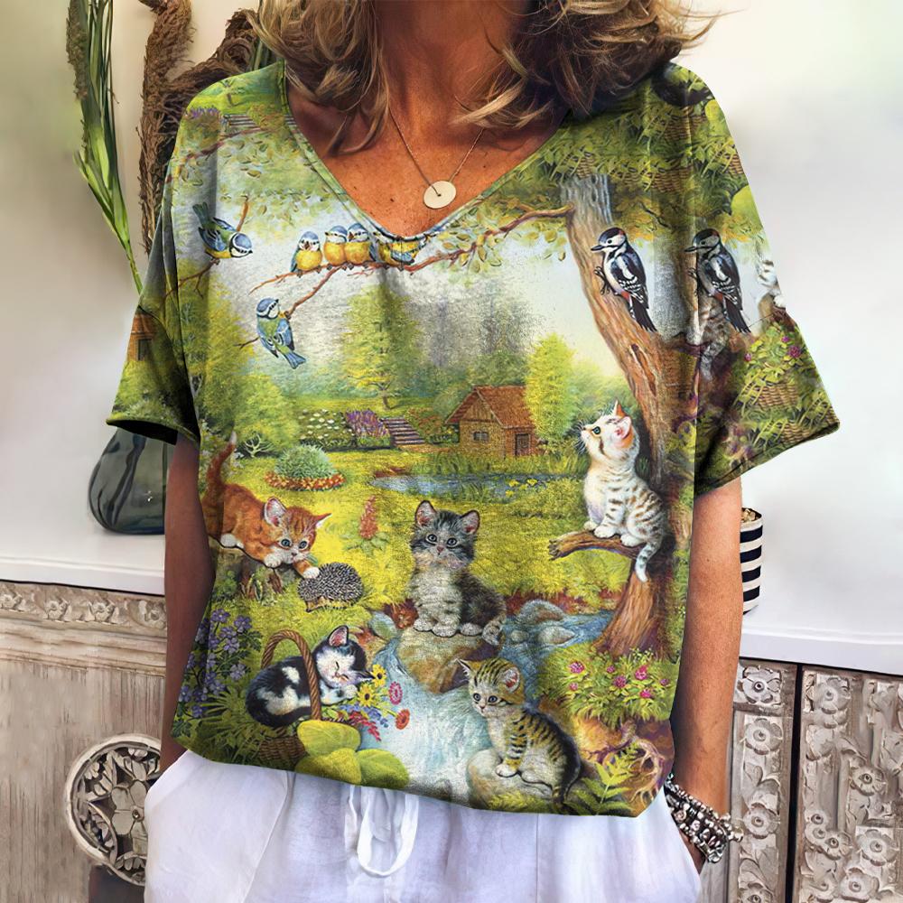Винтажная женская одежда, футболки с милыми животными, женская одежда, повседневные футболки с короткими рукавами, пуловер большого размера с v-образным вырезом, уличная одежда