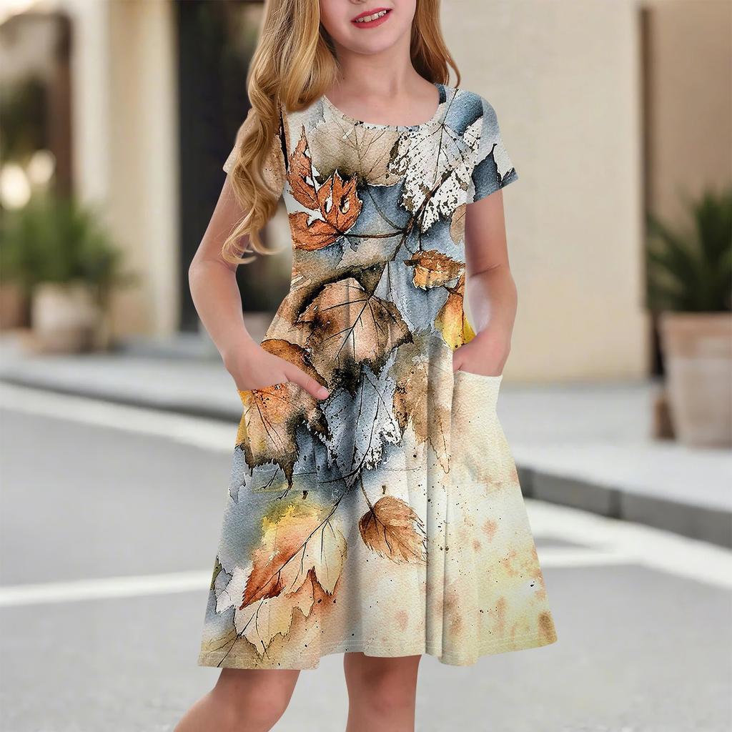 Children's Skirt Round Neck Short Sleeve Princess Dress Fashion Casual Pocket Dress For Girls