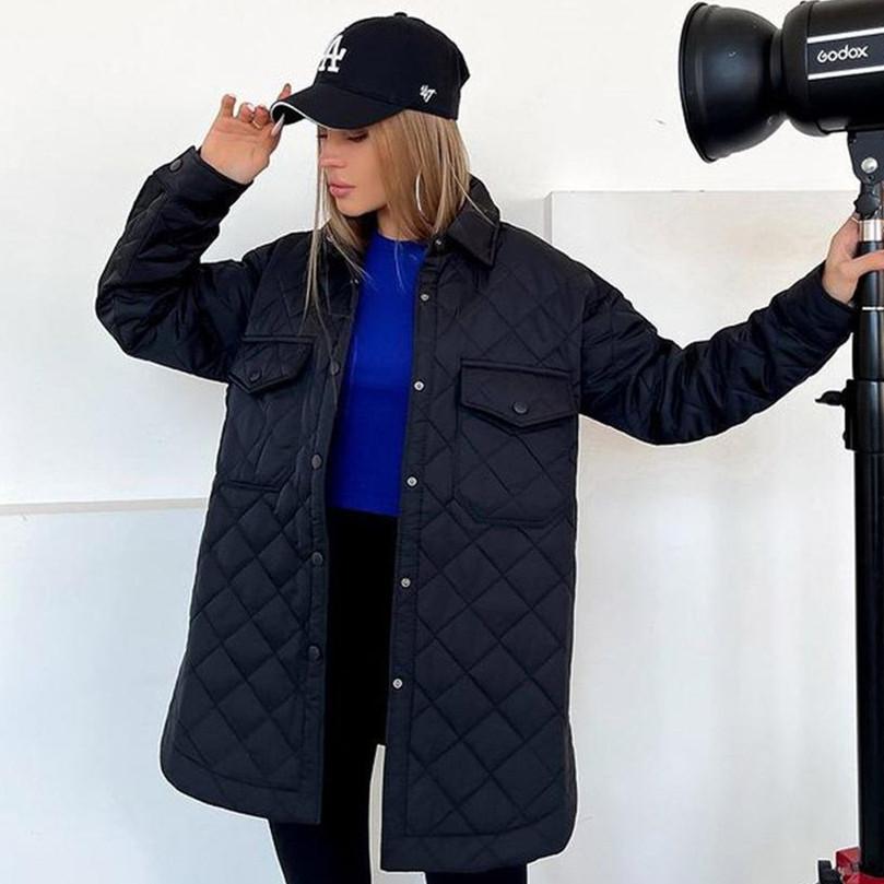 Осенне-зимнее длиннобортное пальто с лацканами, свободное теплое стеганое пальто с ромбами, универсальное толстое пальто