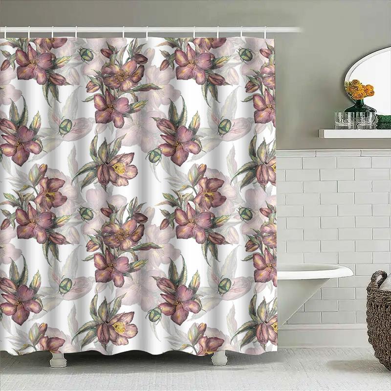 Stylish Bath Curtain With Floral Print Pink Purple Green Bloom Design Waterproof Fabric Shower Curtain For Home Decoration In Ba