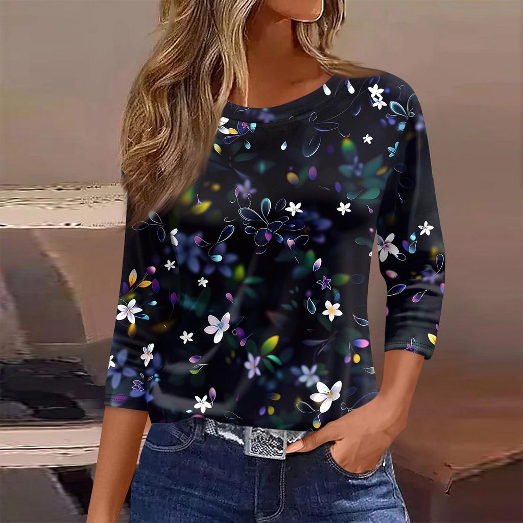 Женская футболка с принтом, рукав 3/4, повседневная, модная, на выходные, базовая, с круглым вырезом, стандартный топ