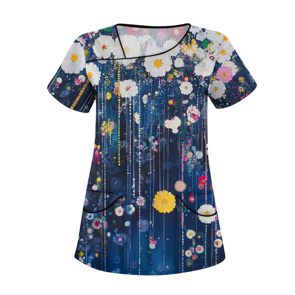 Женская повседневная рабочая одежда с короткими рукавами и наклонным воротником с принтом и двойными карманами