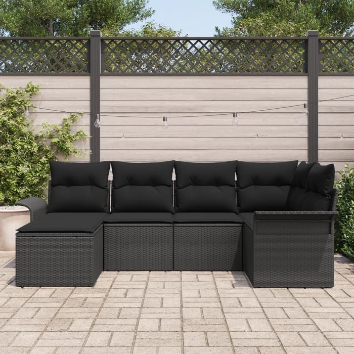 Ensemble de canapé de jardin 6 pièces avec coussins en rotin poly noir, Canapé de jardin 2 places avec rangement et coussins 3354102