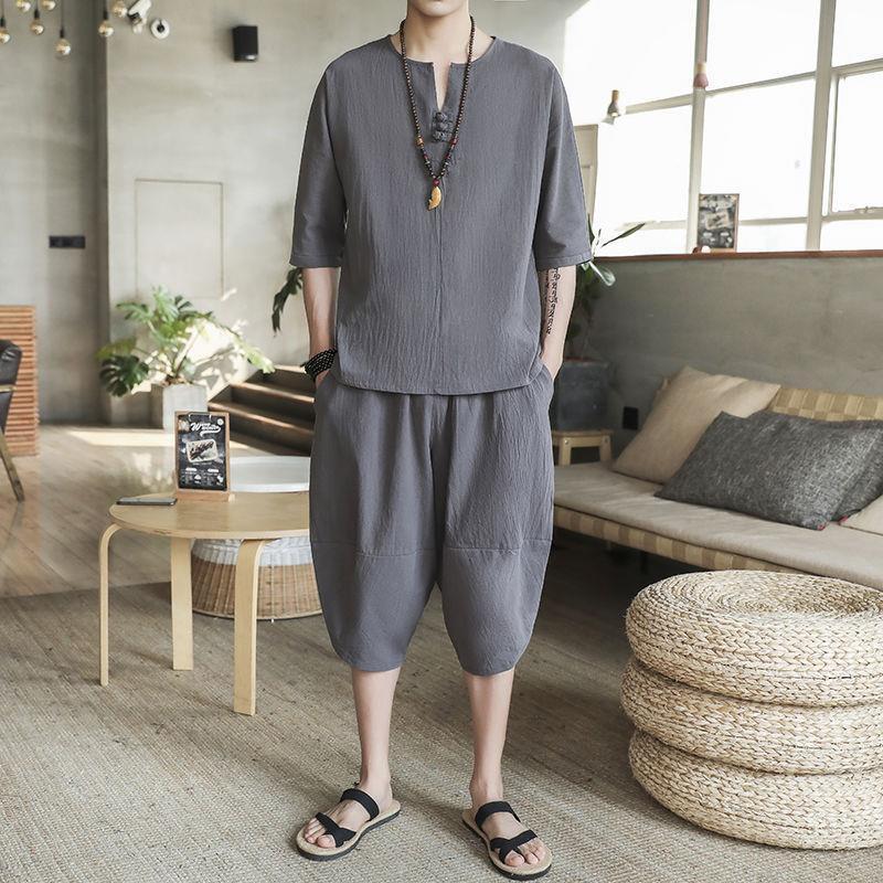 Мужской льняной костюм в китайском стиле с короткими рукавами в стиле Тан и комплект из двух предметов в стиле ханьфу в стиле Чжуншань-дзен