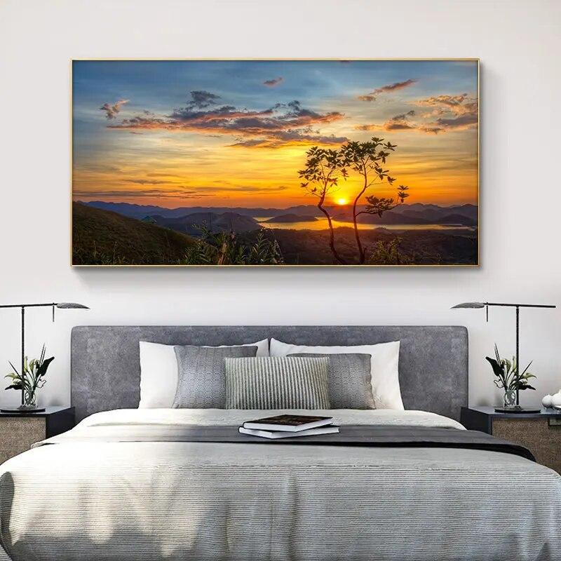 Природа закат озеро дерево пейзаж настенное искусство гора холст картины постеры и принты Cuadros настенная картина для гостиной без рамки