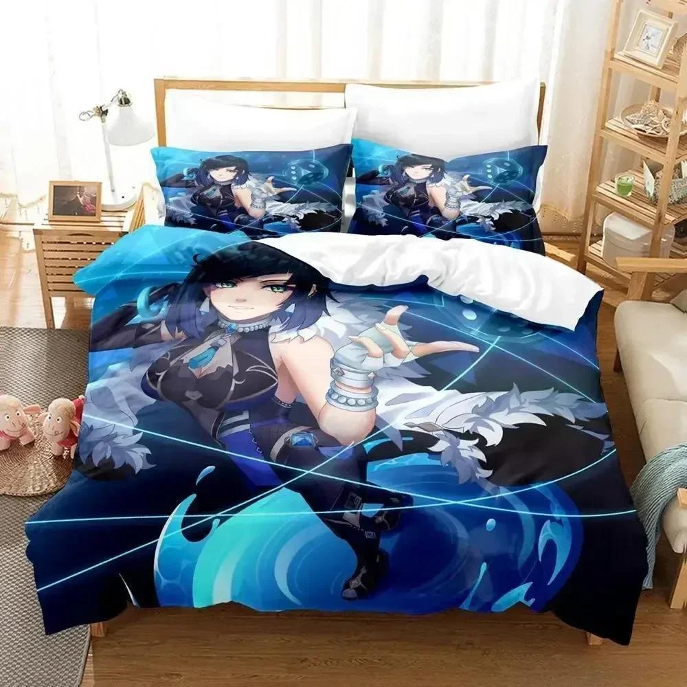 New Anime Game Yelan Genshin Impact Bedding Set Cartoon Anime Three-piece Set Adult Kid Bedroom Duvet Cover Sets 3D Kawaii Girls