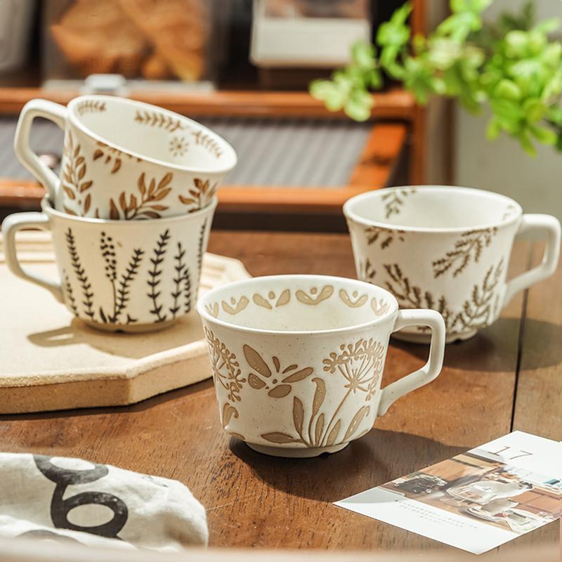 1 шт. Кружки из каменной керамики Винтажные с ручками Офисная грубая керамика Кафе Растение Резьба Скандинавская керамическая кофейная кружка Фруктовый чай Бытовая