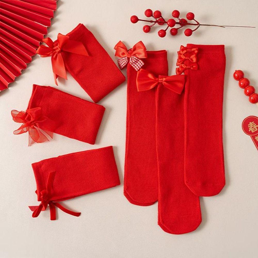 Comfortable Bow Hosiery for Kids Cotton Children Long Socks Casual New Year Red Socks Home Socks