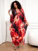 EDOLYNSA Red Bohemian Long Dress Relaxed Women's Kaftan Printed Holiday Cover Up Bat Sleeves Casual  House dress