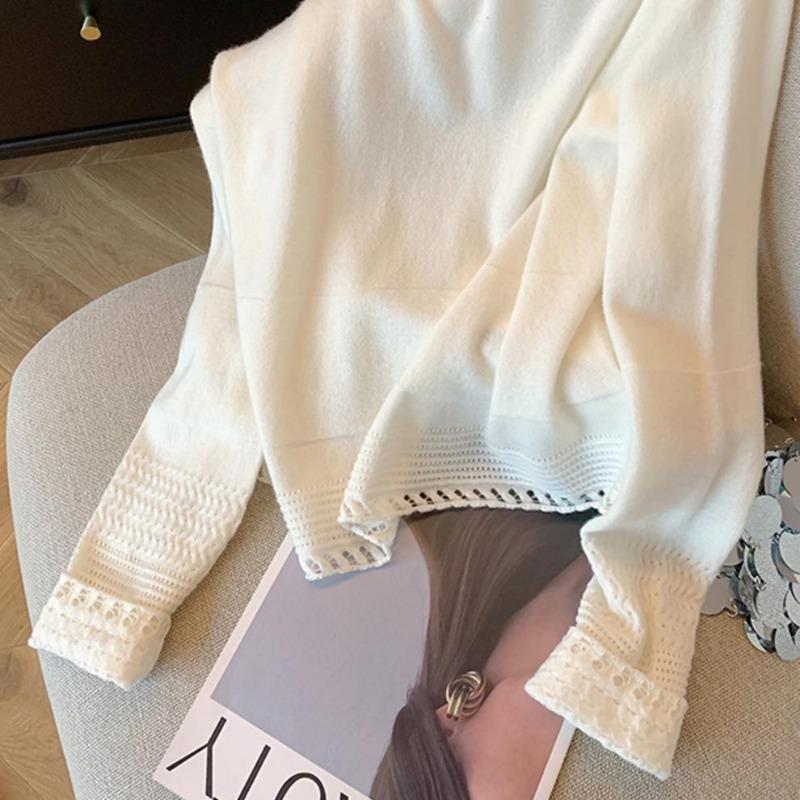 Осень Зима С круглым вырезом Ажурный Белый Свитер Женский Повседневный Модный Универсальный Вязаный Пуловер Топ