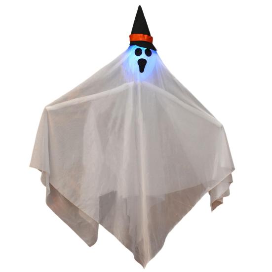 Хэллоуин Подвесные Светящиеся Призраки Уличный Летающий Белый Тканевый Призрак в Шляпе Ведьмы для Переднего Двора Патио Газона Сада Веранды Внутреннее Наружное Украшение