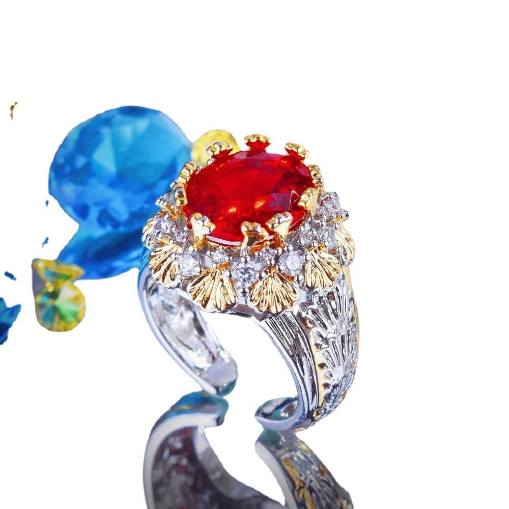 Italian Vintage Open Ring Crown Jewelry with Ruby and Dual Tone Gold Engraved Design