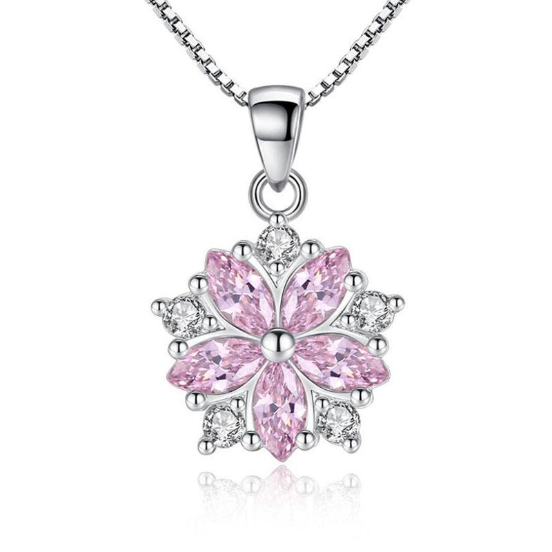ANENJERY Pink Clear Crystal Zircon Cherry Blossom Flower Chain Necklace For Women Girl Choker S-N223
