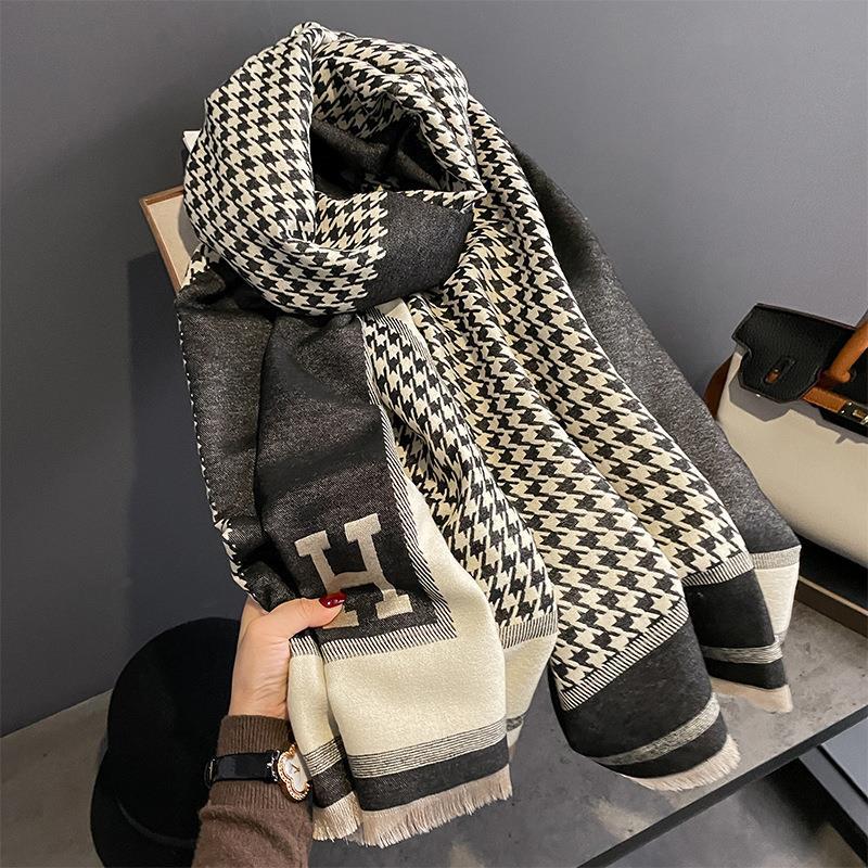New Autumn and Winter Imitation Cashmere Scarf for Women European and American Style Iron Tower Pattern Warm Outer Wear Multi Purpose Scarf