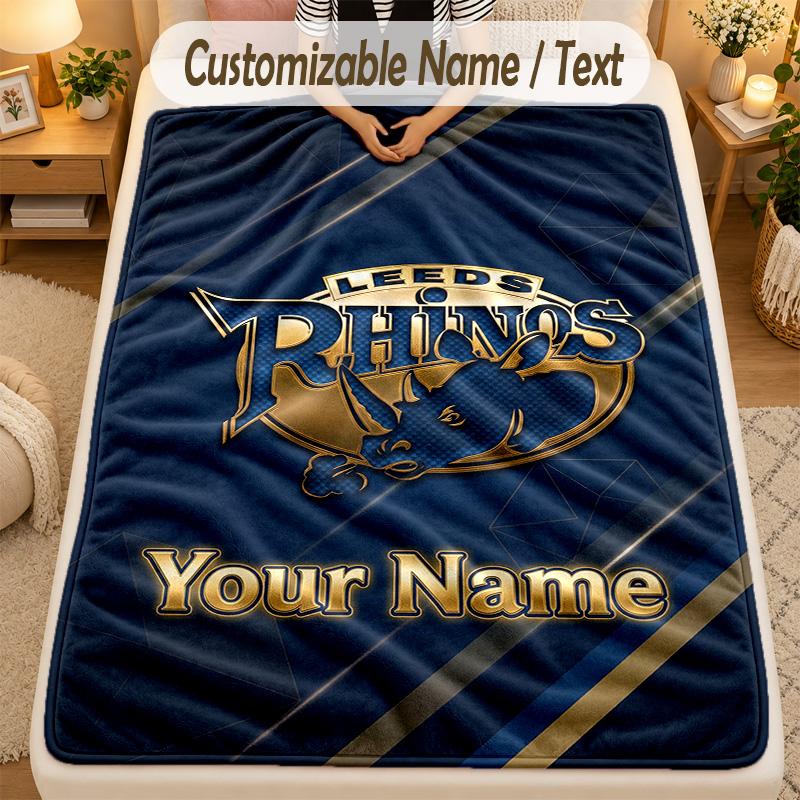 Flannel BlanketLeeds Rhinos Custom Name Text Personalized Soft Warm Throw Blanket Home Decor Gift