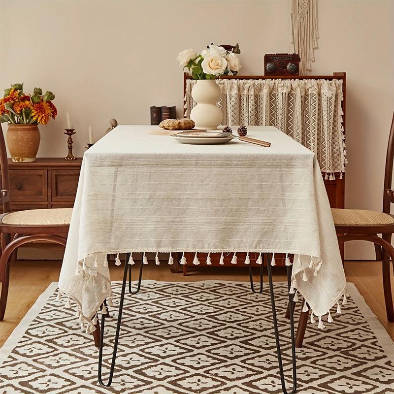 Amazon Popular Japanese-Style Striped Linen Tablecloth Tables And Chairs Simple Plain Tassel Atmosphere Decorative Cloth Dining Table