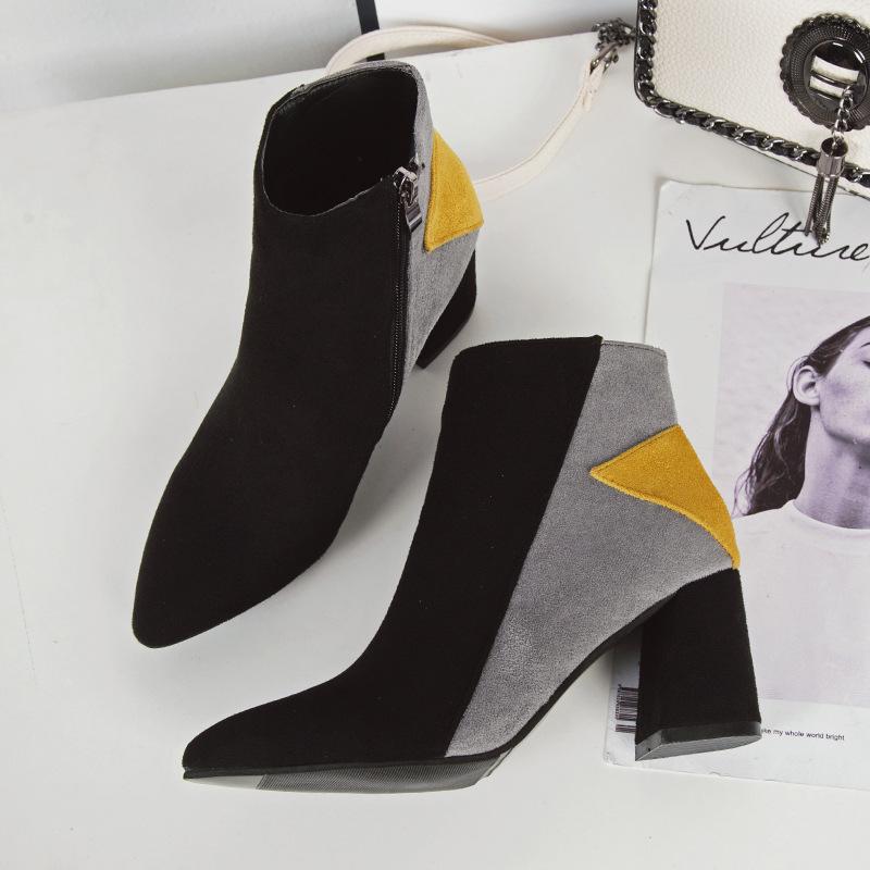 Модные туфли с острым носком на квадратном каблуке Ботильоны на высоком каблуке Ботинки женские осенне-зимние туфли женские Разноцветные модные ботинки женские