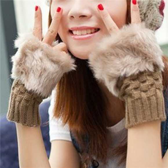 Fashion Clothes Ladies Winter Fur Woolen Knitted Warmer Fingerless Gloves Warmer Rabbit Fur Gloves Plush Half Finger Gloves Knitted Winter Warm Gloves