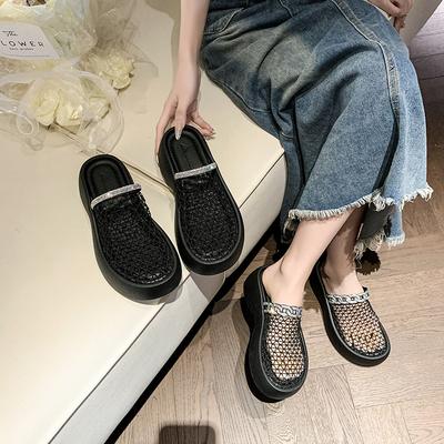 2025 новый летний дизайн сетка стразы полый дышащий мешок голова половина тапочки толстая подошва римские маффины уличные сандалии