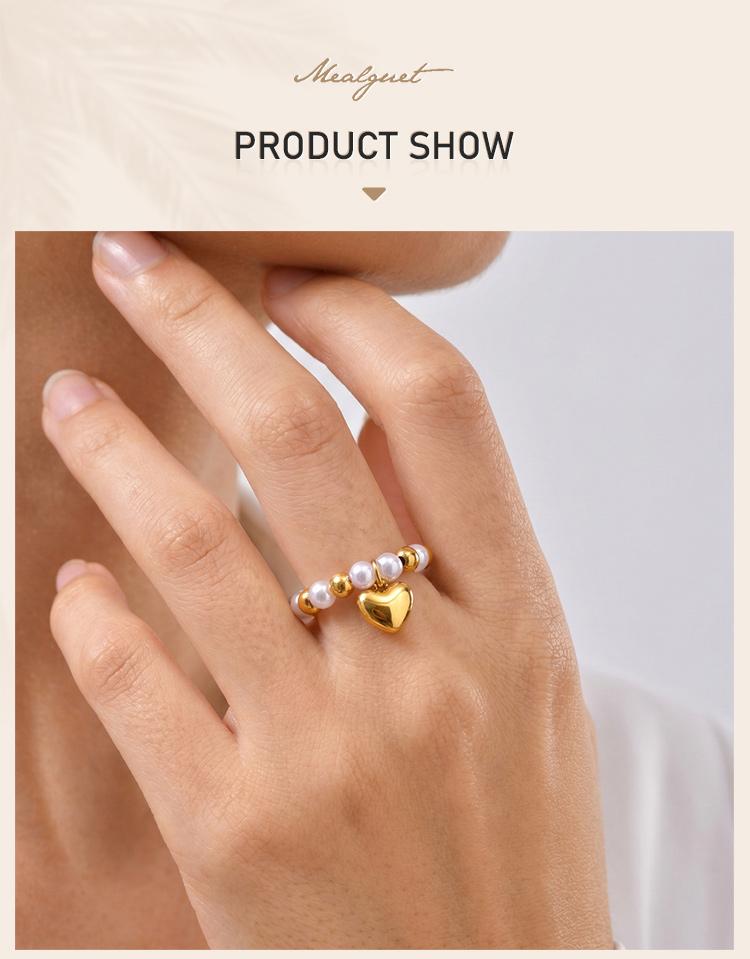 Two-Tone Pearl Ring Heart Charm Elastic Band, 18K Gold Plated Stainless Steel Satellite Bead, Stretchy Y2K Jewelry