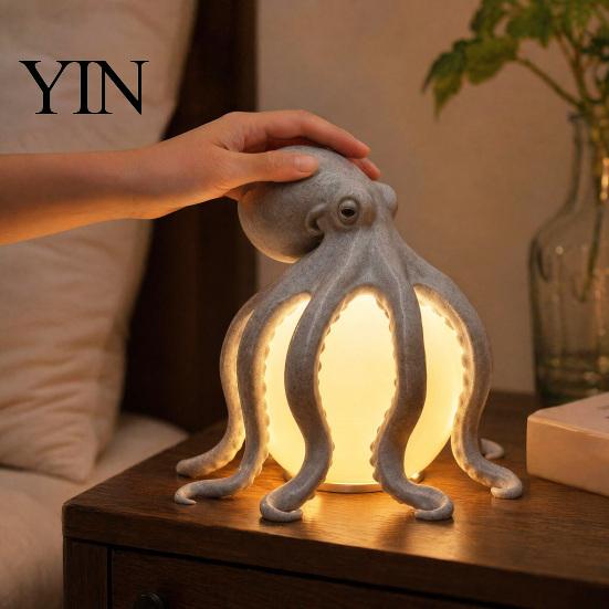 Flicker-free Reading Light Octopus Table Lamp, Resin Sea Creature Night with Tentacle Texture, Coastal Hemp Gray Spot Lamp Decor Desk for Bedroom