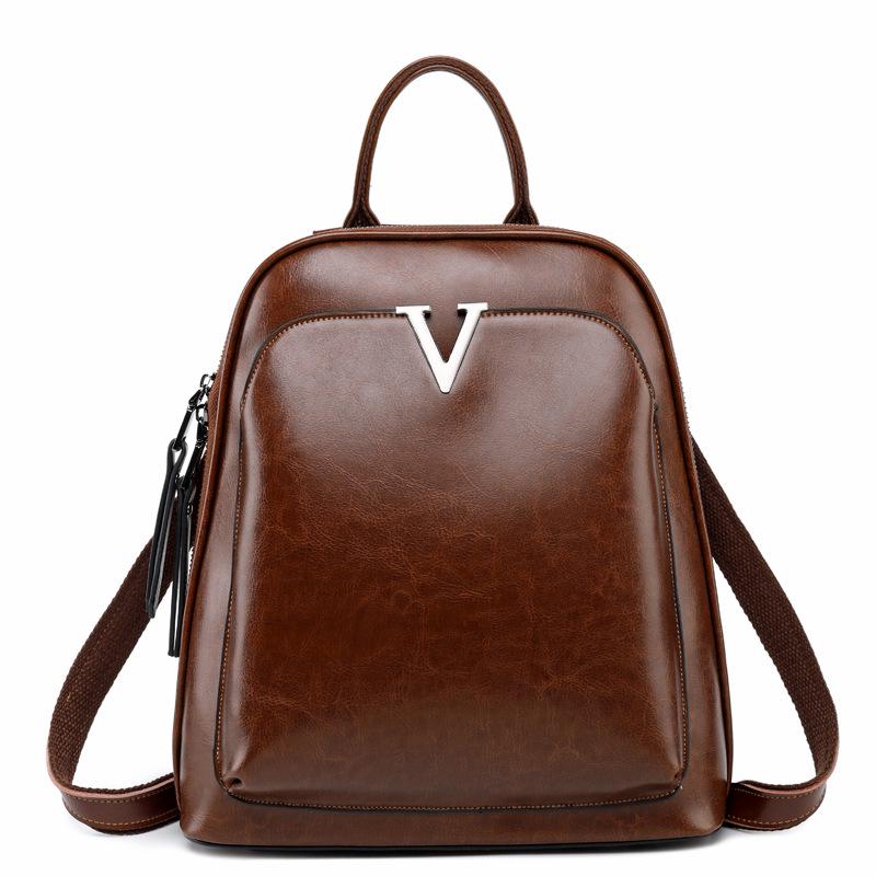 Genuine Leather Backpack Fashion Bag Waxed Cowhide Backpack Women's Vintage Schoolbag