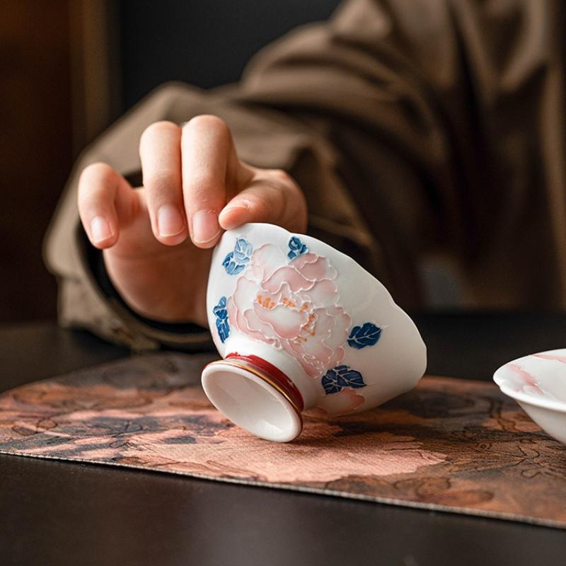 42 мл Расписанная вручную пиала-мастер с пионом, винтажная, на высокой ножке, большая чайная чашка, высококлассная позолоченная чайная чашка, чашка с цветочным горлышком, подарочный чайный набор для кунг-фу