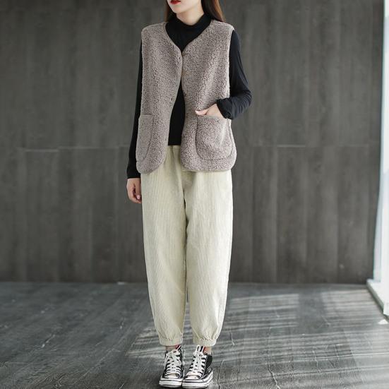 Осень-зима Женский жилет Пальто флисовый однобортный с V-образным вырезом и двумя карманами Кардиган без рукавов Однотонный повседневный офисный жилет