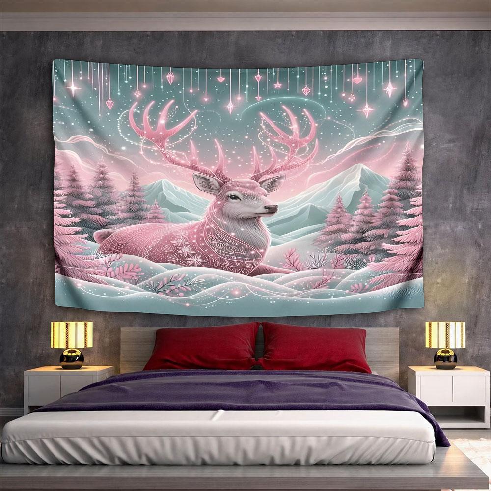 "Pink Deer in Magical Winter Landscape" Pattern Wall Hanging Tapestry Decorative Tapestry Home Decor for Bedroom and Living Room