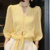 Women Yellow V Neck Chiffon Blouse 3 4 Sleeve Casual Top