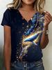 Women's Glitter Silver Butterfly & Feather Print V-Neck T-Shirt, Casual Short Sleeve Tops,Sparkly Daily Wear for Spring & Summer