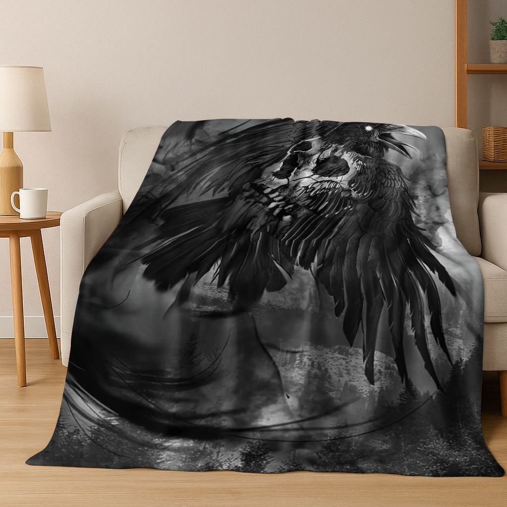 3D Viking Oding Raven Crow Skull Huginn Muninn Norse Flannel Blanket,Warm and Cozy Soft Throw Blanket for Home Bedroom Bed Sofa