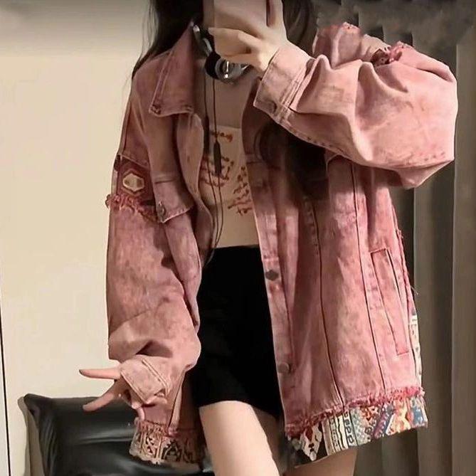 Women's Spring & Autumn 2025 Dirty Pink Washed Patchwork Denim Jacket