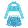 Girls Dance Outfit Long Sleeve Cutout Crop Top with Sparkling Sequins Tiered Ruffle Skirted Shorts
