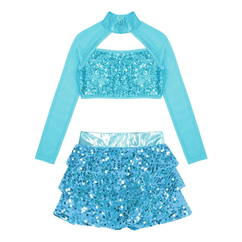 Girls Dance Outfit Long Sleeve Cutout Crop Top with Sparkling Sequins Tiered Ruffle Skirted Shorts