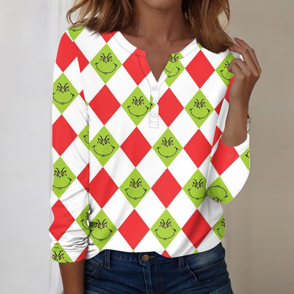 Женская модная повседневная блузка с V-образным вырезом, длинным рукавом и декоративными пуговицами, с рождественским принтом