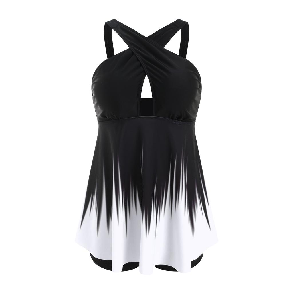 Women Two Piece Swimsuit Gradient Swimsuit Beach Boxer Shorts Tankini Set Sleeveless Cross Strap Sexy Bikini Plus Size Swimwear