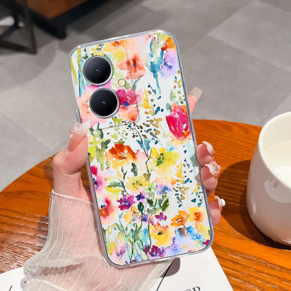 Back Cover For Vivo Y35 Plus V27 Y78 Pro Y02A Plus iQOO Neo8 Case Pretty Flower Pattern Clear Soft Silicone TPU Screen Protector Bumper For Vivo Capas
