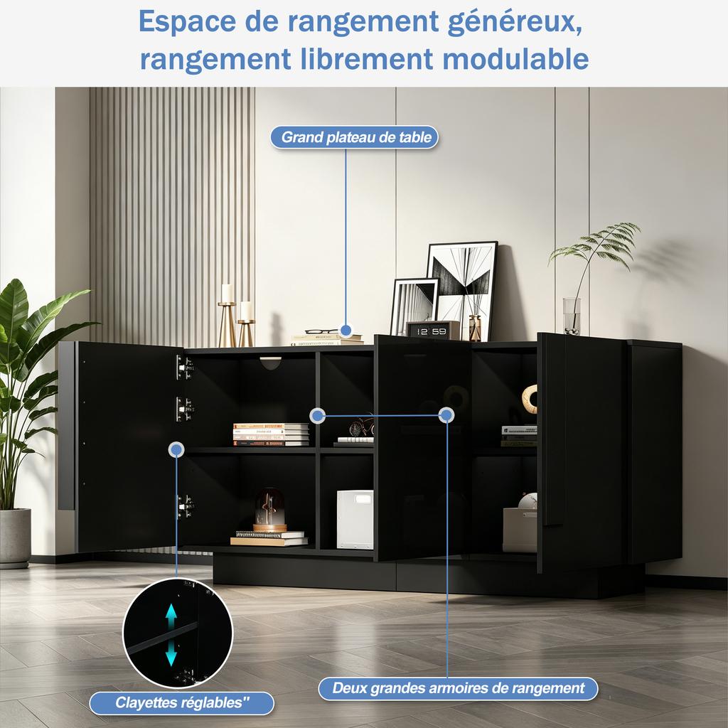 Living Room Sideboard (35 x 160 x 60 cm), Cabinet with 3 Doors, High-Gloss Storage, 6 Shelf Compartments, Wide, Black, Chipboard, Easy to Clean