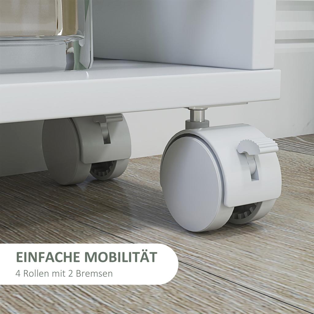 Multifunctional Shelf with Casters, Narrow Design, 4 Compartments, 45x15x91 cm, White