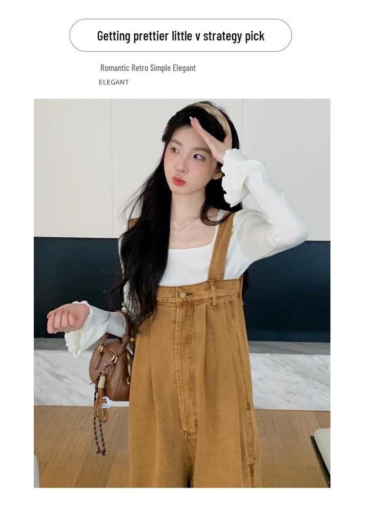2026 Spring Maternity Set: Washed Denim Overalls & Bell Sleeve Layered Top