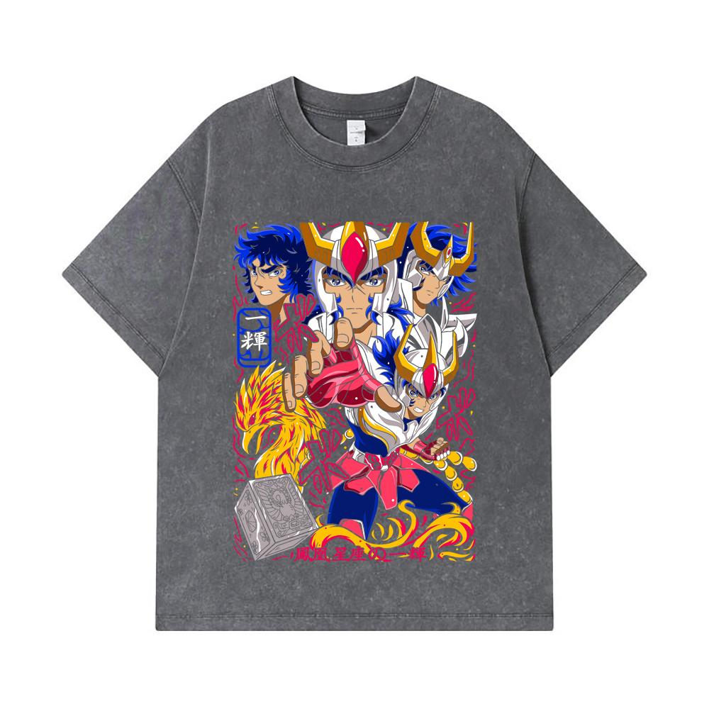 Стиранные футболки 275 г/м² 100% Хлопок Saint Seiya V7 Принт Феникса Унисекс Тяжелая хлопковая футболка
