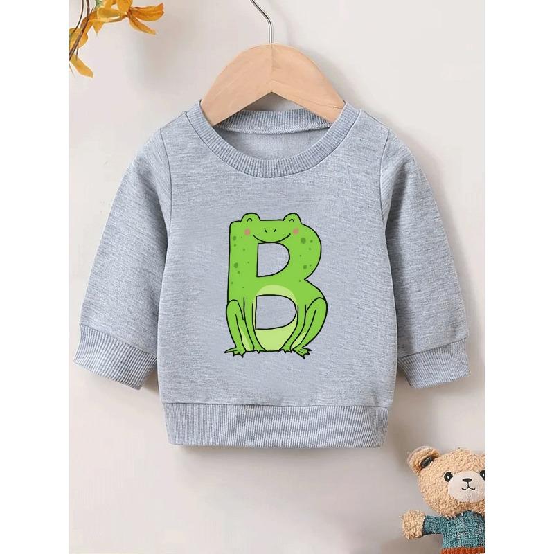 Cute Frog Print Green Letter B Design | Comfortable And Easy Crew Neck Hoodie For 0-3 Year Old Baby Girls, Long Sleeve