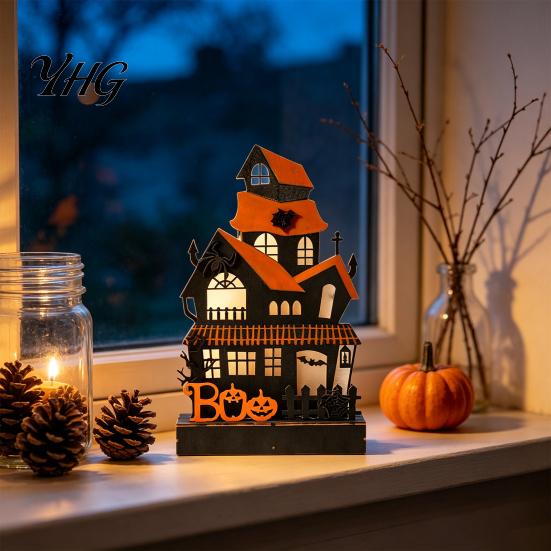 Hollow Haunted House Night Lights Wooden Glowing Figurine with LED Light, Halloween Tabletop Centerpiece Decorations for Home Party And Window