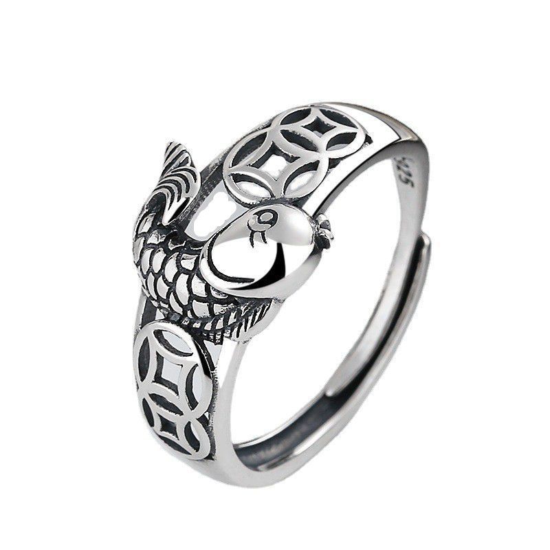 Coin with a Surplus Every Year Koi Fish Lotus Ring Koi Heart Sutra Open Ring