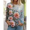 Women's 3D Printed Flower T-shirt, Fashionable Long Sleeved Round Neck Regular Top, Holiday Weekend Blue Spring and Autumn Outfit